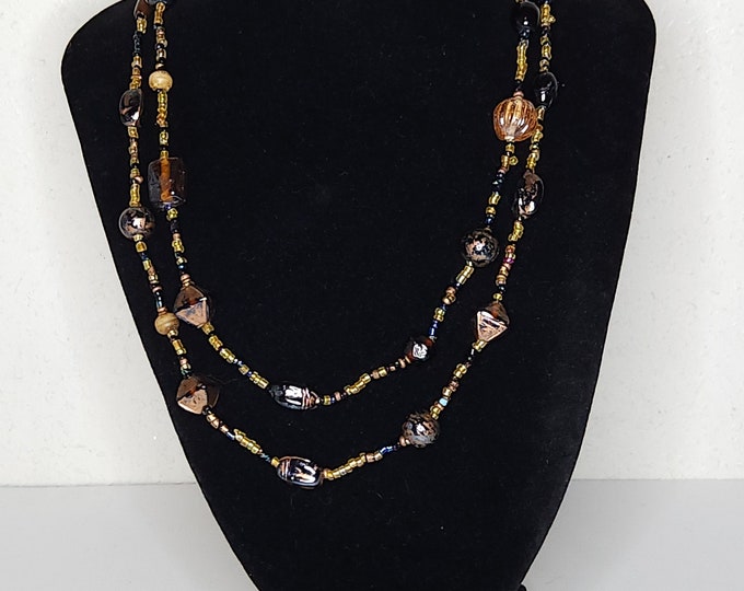 Vintage Yellow, Brown and Black Seed Bead, Plastic, and Glass Beaded Necklace B-4-82