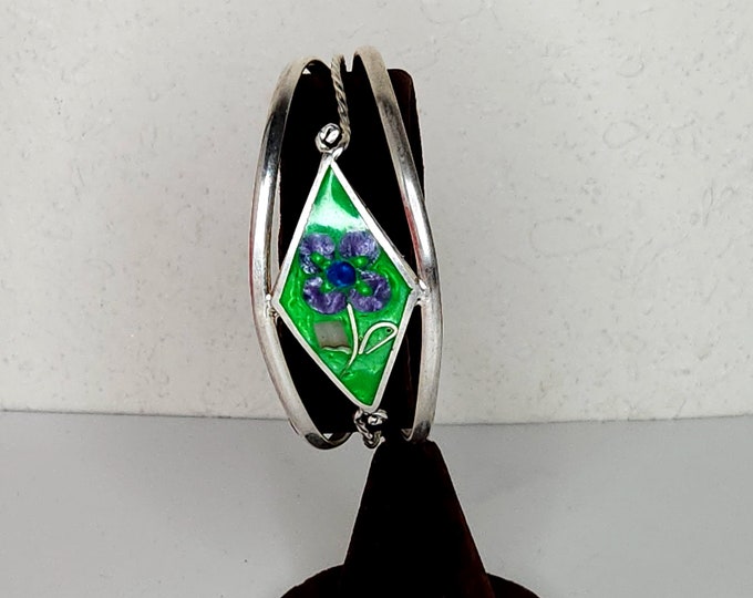 Vintage Alpaca Mexico Signed Enamel and Inlaid Shell Floral Silver Tone Pliable Cuff Bracelet 6.5" D-4-26
