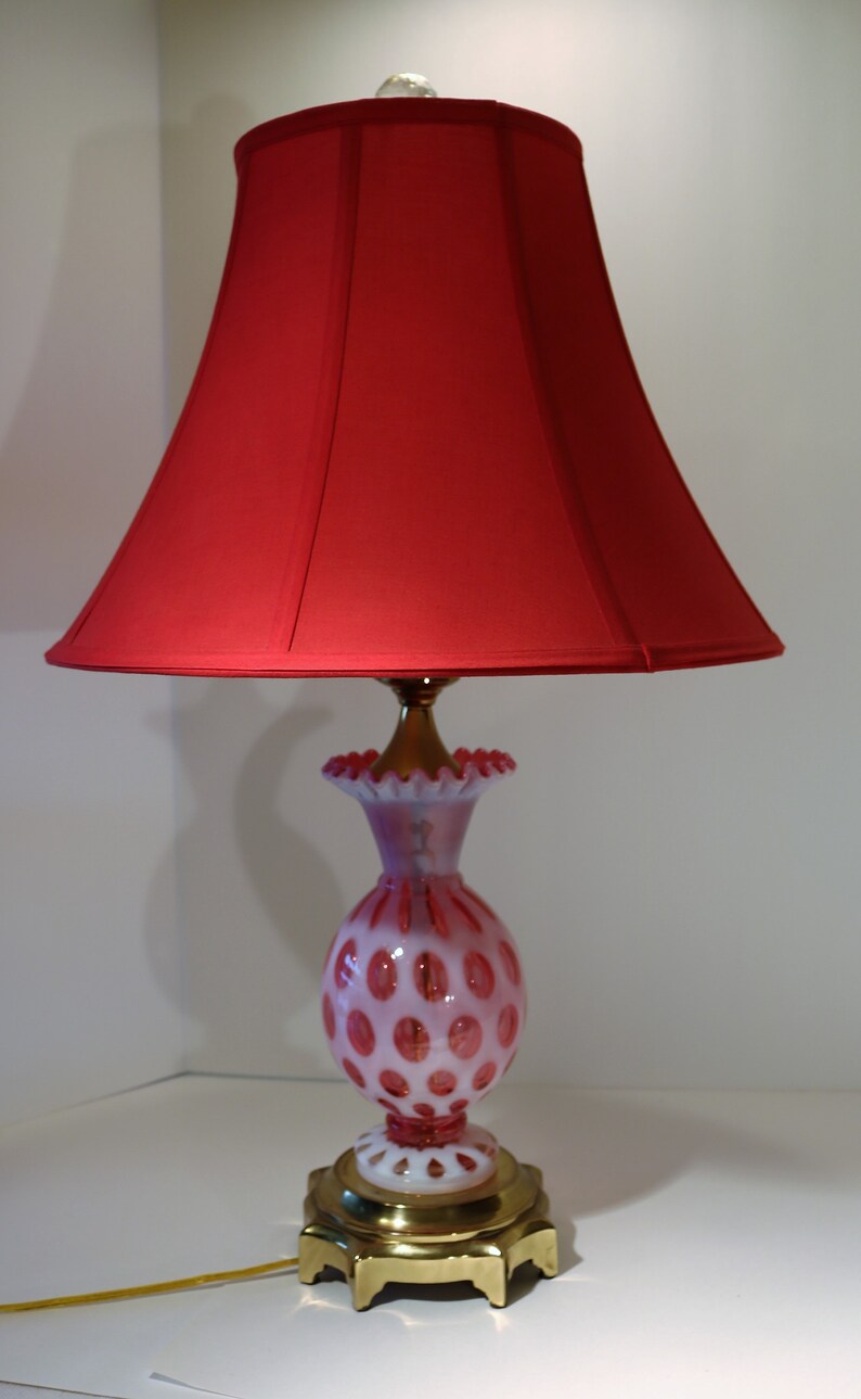 Vtg Fenton Cranberry Coin Dot Opalescent Glass Table Lamp W Shade Beautiful