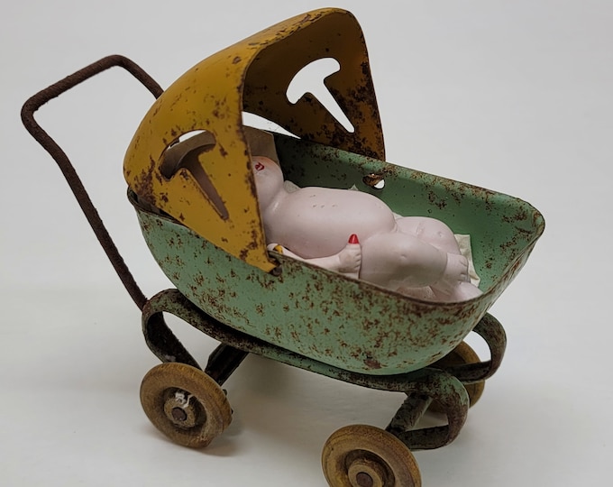 1930's Wyandotte Doll Carriage Pressed Steel Wood Wheel Small Baby Buggy Pram stroller with German Bisque Doll