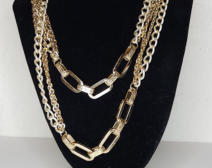 Vintage Gold Tone Long Chain Necklace with Rectangle Details 52 Inch A-3-35