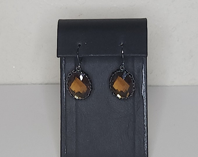 Vintage Joan Rivers Signed Gunmetal Tone and Brown Faceted Oval Rhinestone Dangle Earrings C-7-55