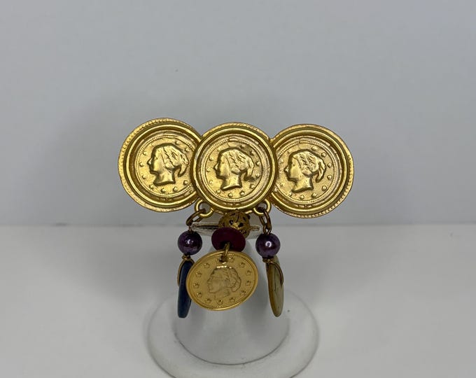 Vintage 1980’s Classical Old Coin Brushed Gold Tone Dangle Brooch D-7-82