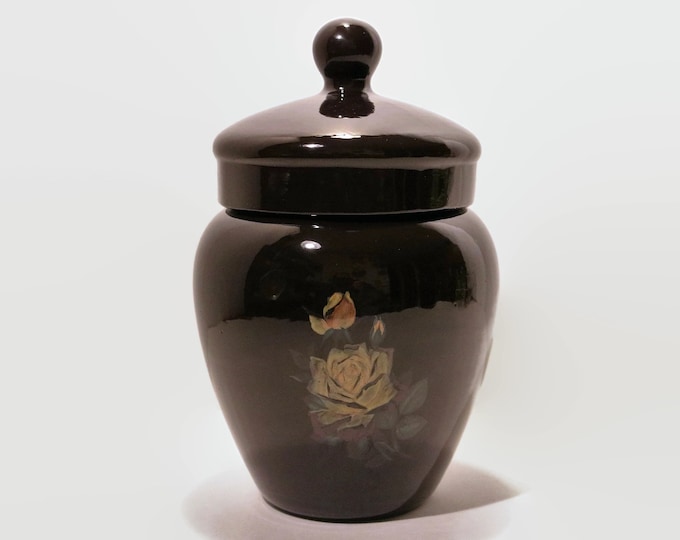 1975 Dark Brown Ceramic Glaze Ginger Jar Style Canister with Decal Flowers- Signed