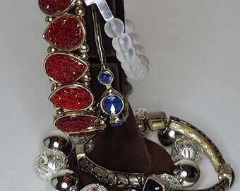 Vintage Set of Five Stretch Bracelets and Bangle in Silver Tone, Gold Tone, and Clear Beads with Cross B-3-63