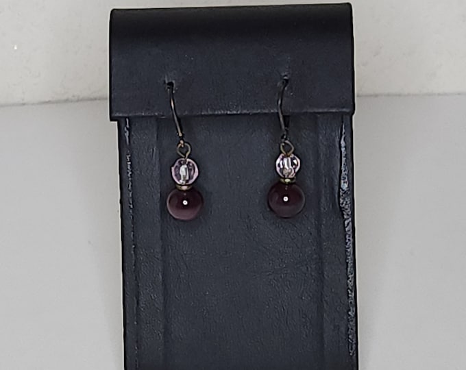 Vintage Gold Tone Beaded Dangle Earrings with Translucent Pink Faceted Beads and Purple Faux Tiger's Eye Beads C-7-19