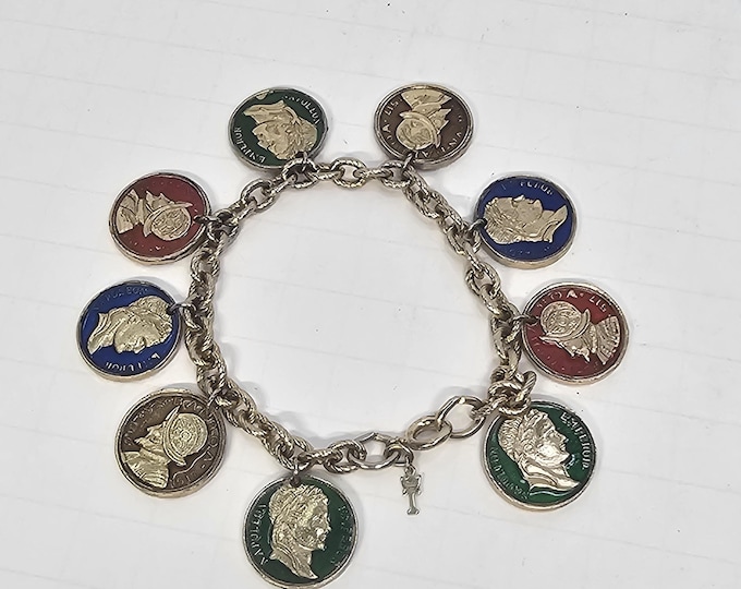 Vintage Crown Trifari Enameled Coin Charm Dangle Bracelet Gold Tone sz 7.25 D-5-27