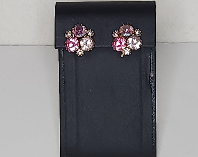 Vintage Purple, Pink and AB Rhinestone Cluster Clip-On Earrings D-1-19