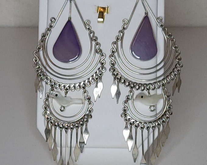 Vintage Agate and Mother of Pearl Alpaca Silver Tone Bird Fetish Boho Dangle Earrings A-5-2