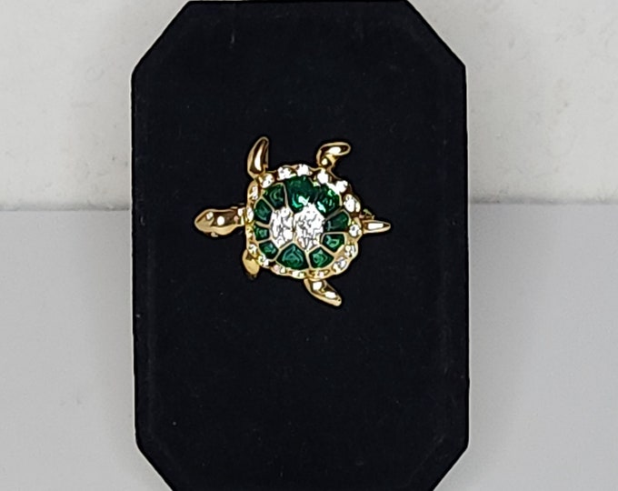 Vintage Jennifer Moore Gold Tone, Genuine Crystal, and Green Enamel Turtle Brooch Pin in Box C-8-47