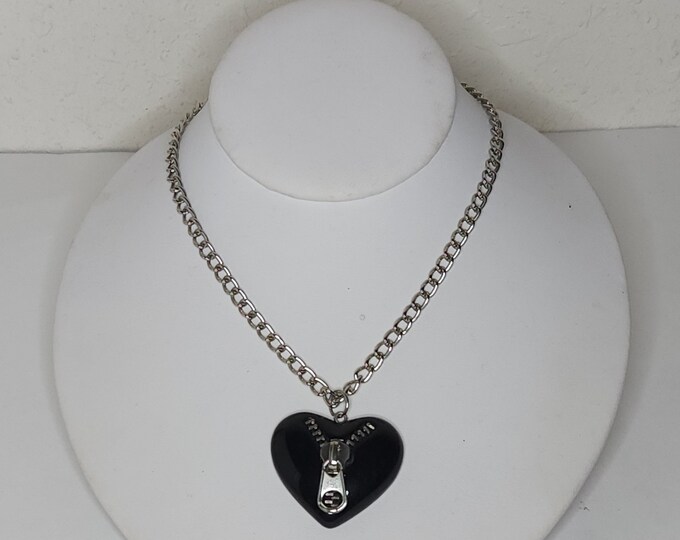 Black Plastic Heart with Silver Tone Zipper Pendant Necklace C-5-89