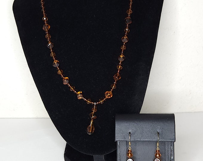 Vintage Glass Faux Amber Beaded Necklace and Earrings Set C-6-67