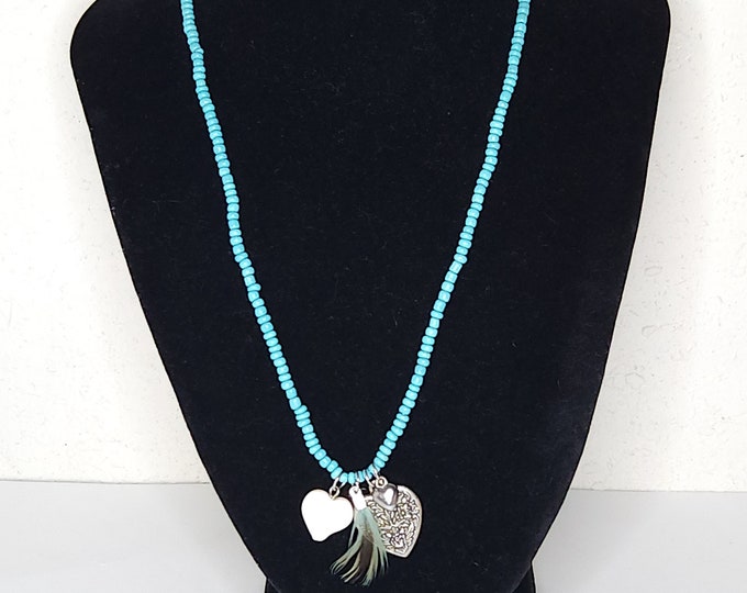 Vintage Faux Turquoise Seed Bead Necklace with Silver Tone and White Heart and Feather Charms C-3-71