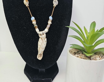 Vintage Ceramic Pottery Artisan Owl with Glass and Stone Adjustable Rope 24" Necklace - Signed Kath D-4-15