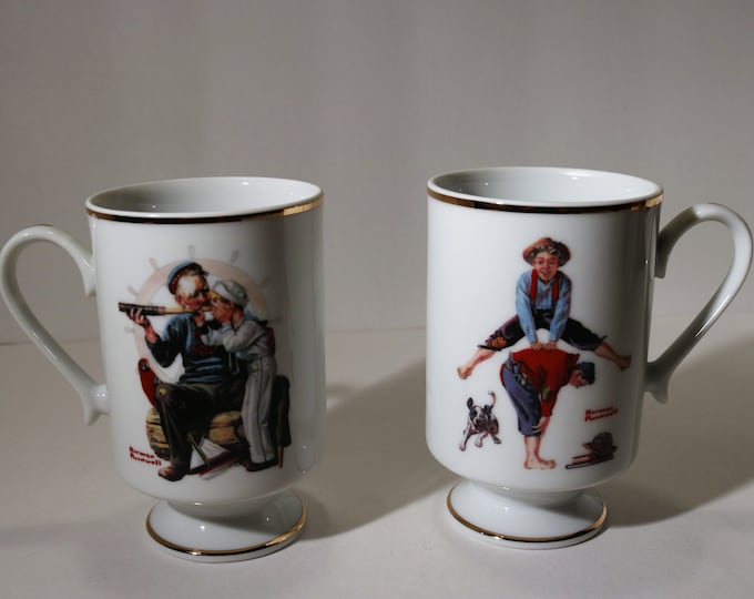 1981 Norman Rockwell set of 2-14 oz Porcelain Mugs "Ship Ahoy" and "Leapfrog" Danbury Mint
