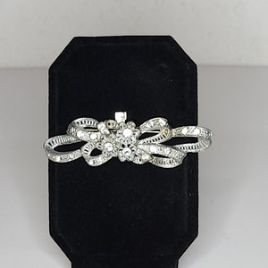 Vintage Silver Tone Flowers with Ribbon Loops and Clear Rhinestones Brooch Pin A-9-57