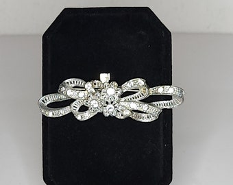 Vintage Silver Tone Flowers with Ribbon Loops and Clear Rhinestones Brooch Pin A-9-57