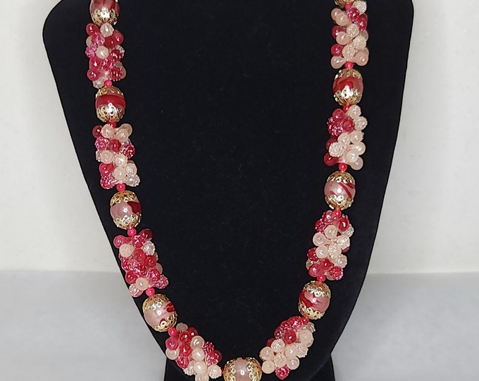 Vintage Hong Kong Marked Red and Pink Sugared Plastic Bead Cluster Necklace B-8-94