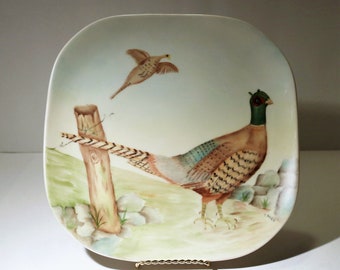 Vintage Hand-painted 10" Square Pheasant Plate -Signed T. Allen