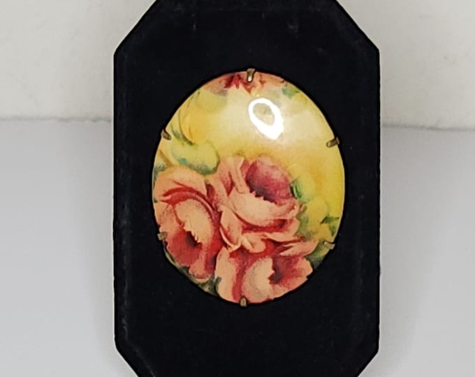 Vintage Antique Brass Prong Set Floral Image Oval Brooch Pin C-8-100