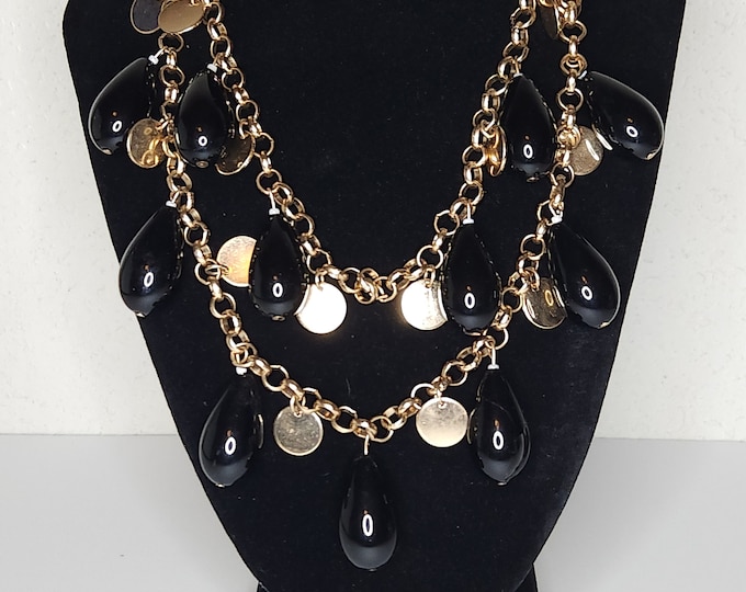 Vintage Gold Tone Two Strand Chains with Black Glass Teardrop Dangles and Gold Tone Discs Necklace B-2-10