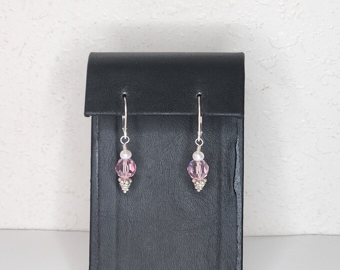 Vintage 925 Marked Pink Swarovski Crystal and Pearl Dangle Earrings D-4-98