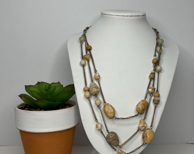 3 Strand Neutral Glass, Shell, and Faux Stone Silver Tone Necklace 18” D-7-58