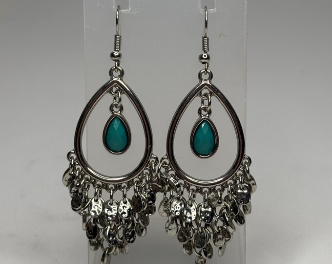 Costume Sliver-Tone Faux Turquoise Dangle Earrings D-7-41