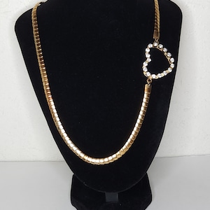 Vintage Gold Tone Long Omega Chain with Rhinestone Heart Necklace B-8-37