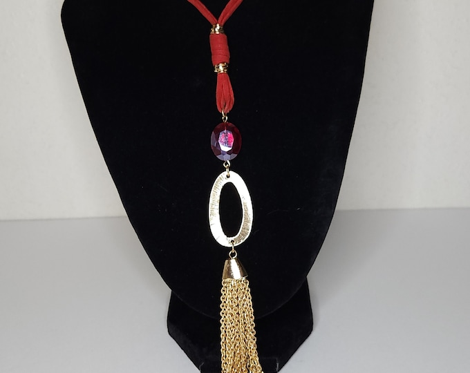 Vintage Red Faux Suede Two Strand Necklace with Red Glass Pendant and Gold Tone Chain Tassel B-2-67