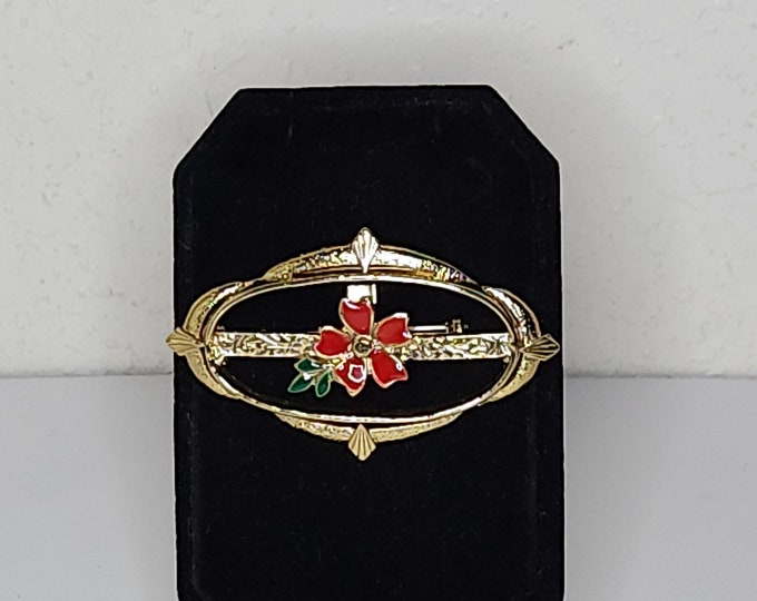 Vintage Gold Tone Oval Brooch Pin with Red Enamel Flower C-1-54