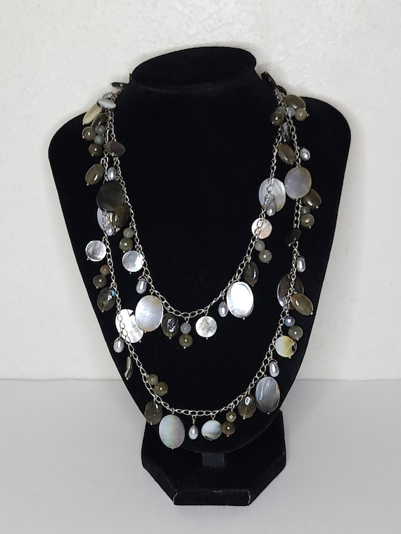 Vintage Silver Tone Long Chain Necklace with Abalo