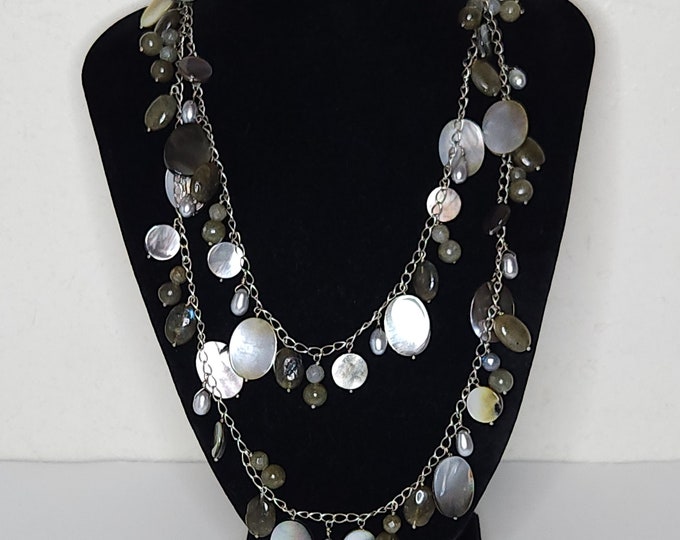 Vintage Silver Tone Long Chain Necklace with Abalone, Real Pearl, and Labradorite Dangles C-9-29