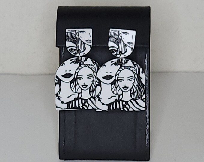 80's Look Black and White Acrylic Dangle Earrings with Faces C-6-26