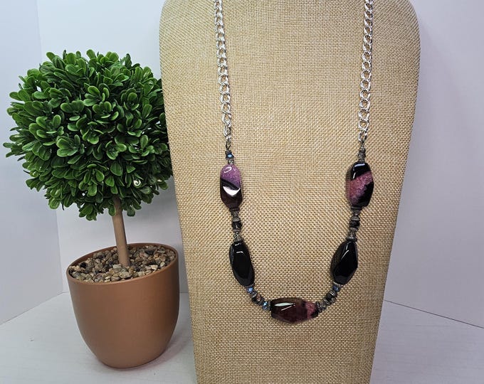 Dyed Pink Hues and Black Agate Stone, Amethyst and AB Glass Bead Silver Tone 30" Over the Head (no clasp) Necklace D-5-4