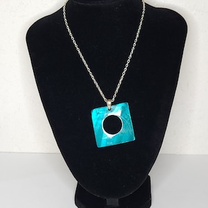 Vintage Shimmery Turquoise Blue Square Pendant with Circle Cutout on Silver Tone Chain Necklace C-3-78