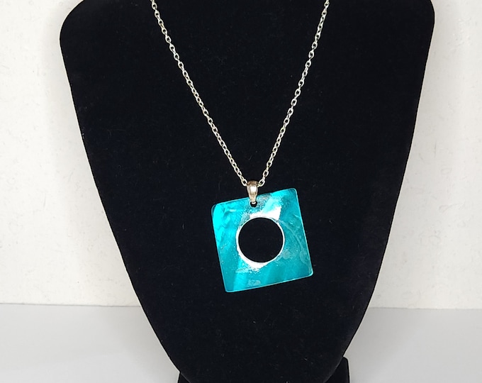 Vintage Shimmery Turquoise Blue Square Pendant with Circle Cutout on Silver Tone Chain Necklace C-3-78
