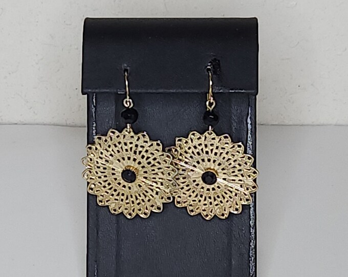 Vintage Gold Tone Filigree Medallion Dangle Earrings with Black Rhinestones C-6-16