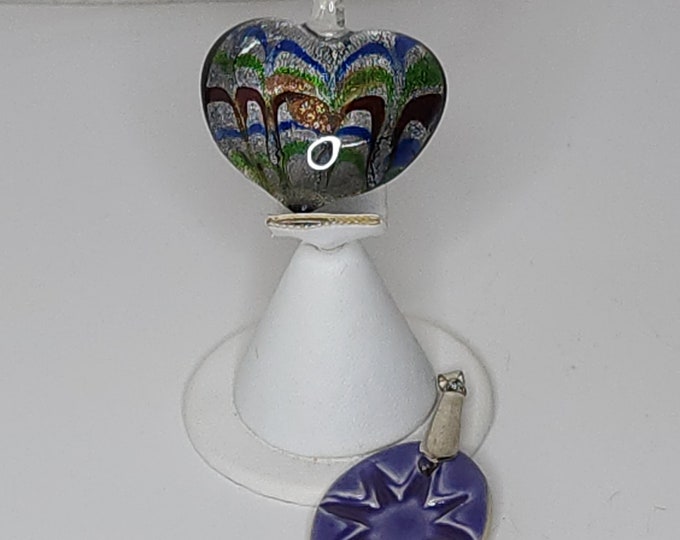 Vintage Set of Two Pendants - Glass Puffy Heart, Blue Porcelain Oval with Star C-2-72