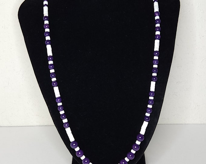 Vintage Charoite and White Shell Heishe Bead Necklace with Silver Tone Clasp B-5-59