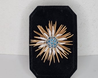 Vintage D'Orlan Signed Two Tone Sunburst Flower Brooch Pin with Sapphire Blue and Clear Rhinestones D-4-27