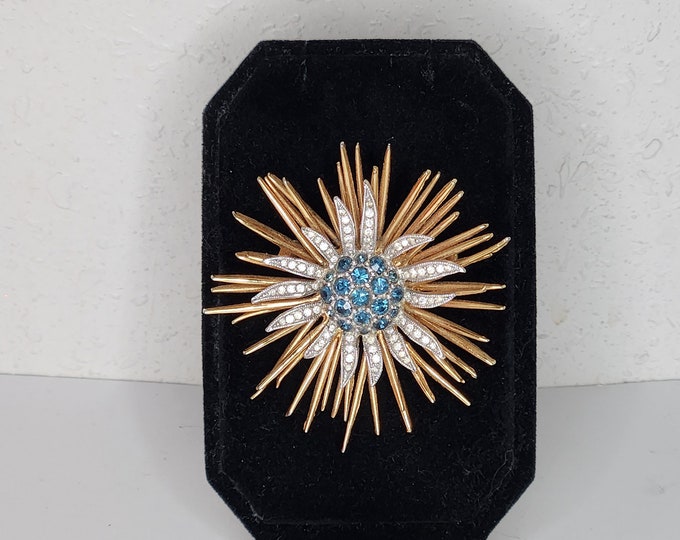 Vintage D'Orlan Signed Two Tone Sunburst Flower Brooch Pin with Sapphire Blue and Clear Rhinestones D-4-27