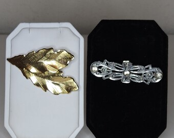 Vintage Two Piece Brooch Pin Set Gold Tone Leaves and Silver Tone Bar with Clear Rhinestones A-1-69