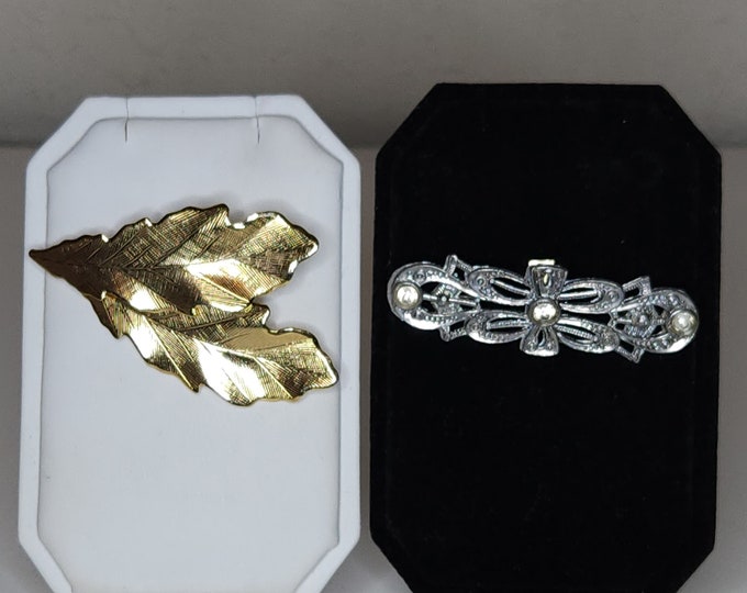 Vintage Two Piece Brooch Pin Set Gold Tone Leaves and Silver Tone Bar with Clear Rhinestones A-1-69