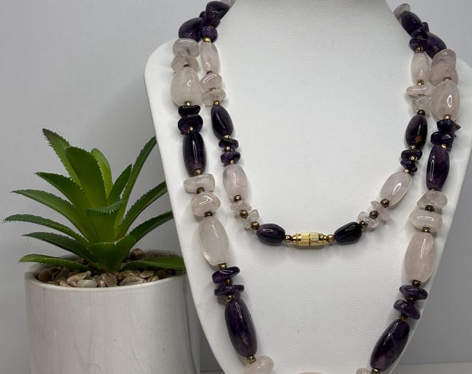 Vintage Rose Quartz and Amethyst Gold Tone - Barrel Clasp 36” Necklace D-8-66