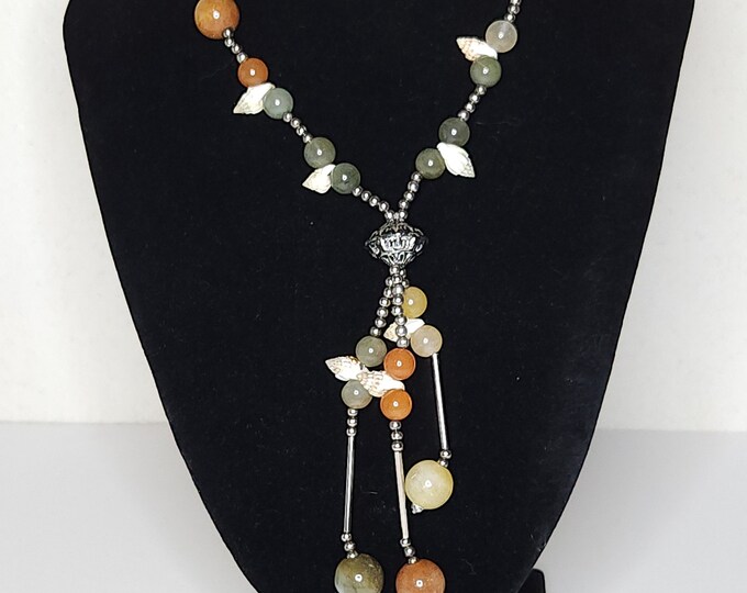 Vintage Real Jade Stone, Seashell and Silver Tone Made In Japan Marked Y-Shaped Necklace B-3-32