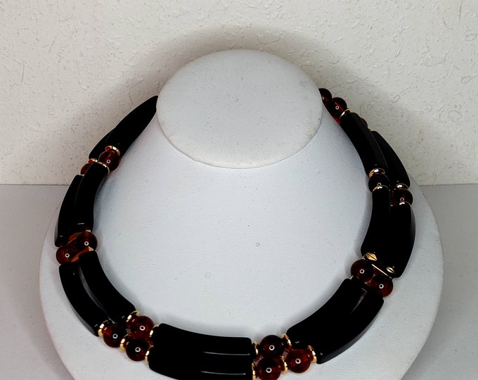 Vintage Black and Brown Plastic Bead and Gold Tone Necklace D-4-41