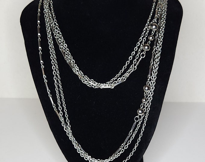 Vintage Silver Tone Three Strand Long Necklace with Stationed Silver Tone Round Beads 52 Inch A-7-54