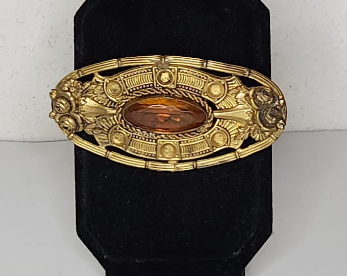 Vintage Pressed Brass and Amber Glass Brooch Pin C-6-5