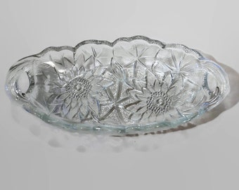 1960's Indiana Glass Pressed and Textured Clear Glass Elongated 9 1/4" Bowl/Dish with Sunflowers